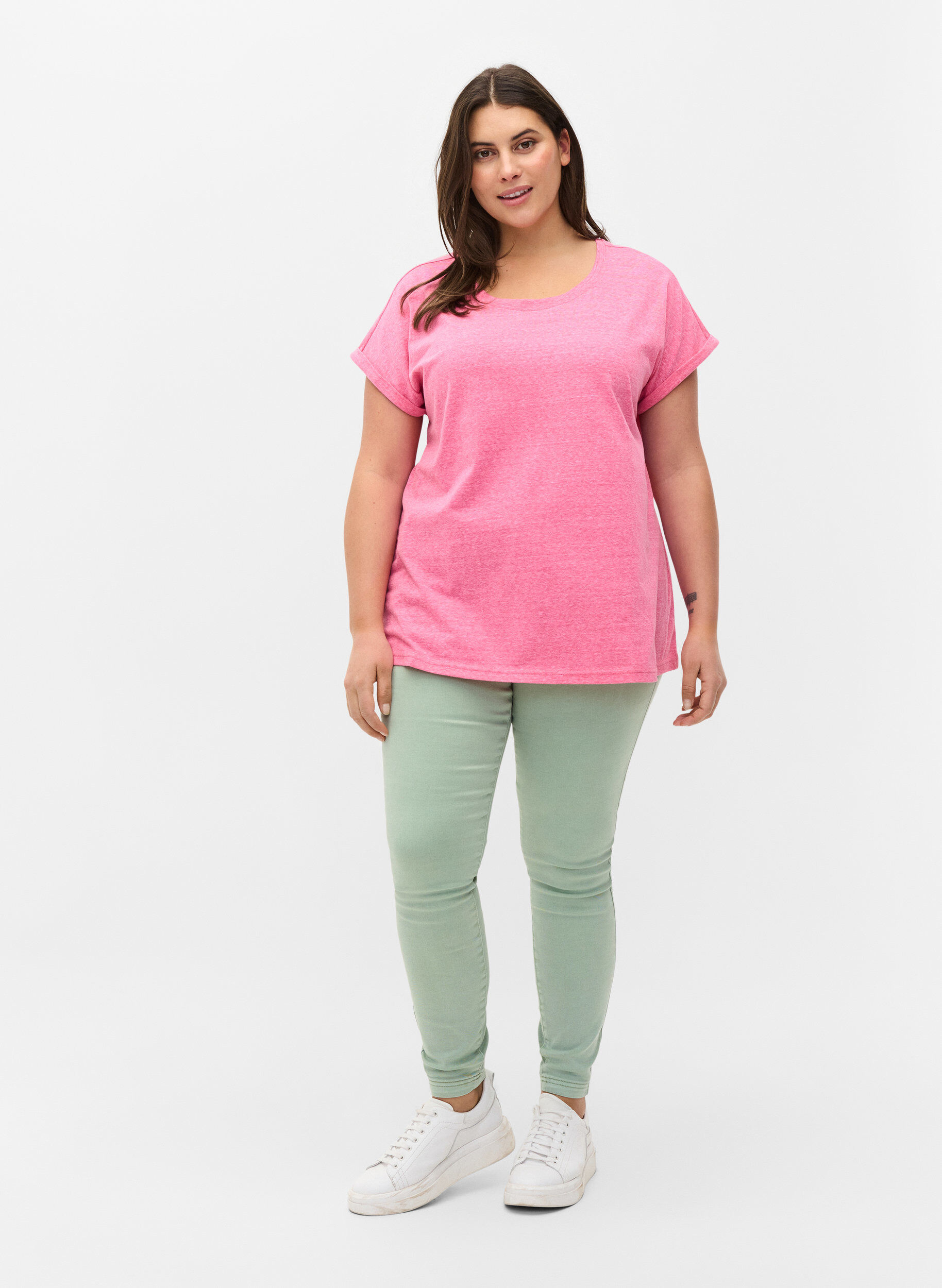 Zizzi Meliertes T-Shirt aus Baumwolle, Fandango Pink M&eacute;l, Model image number 2