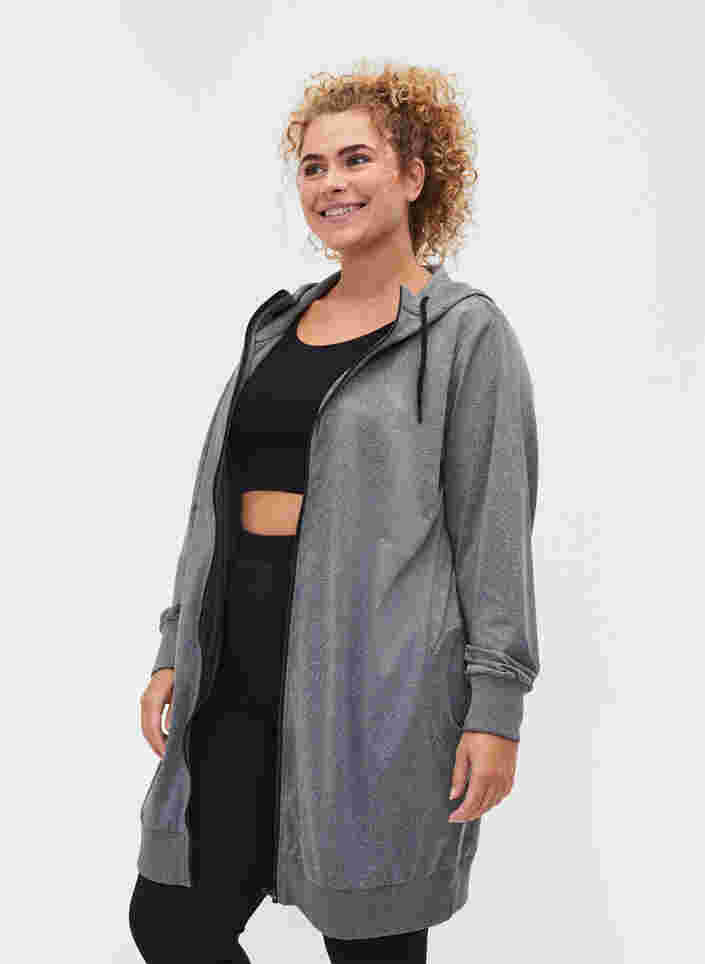 Langer Sportcardigan mit Kapuze und Tasche, Grey Melange, Model image number 2