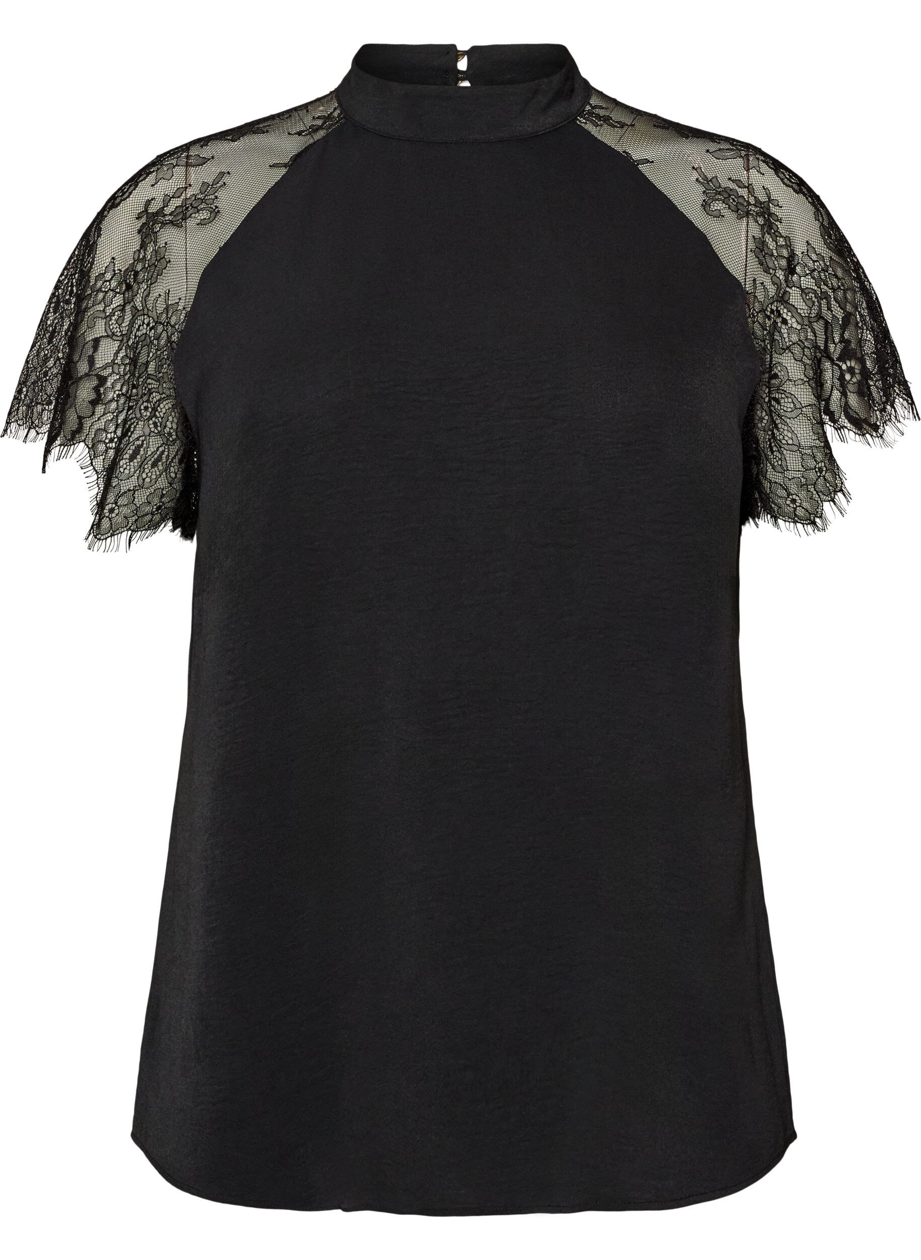 Bluse mit kurzen &Auml;rmeln aus Spitze und hohem Kragen