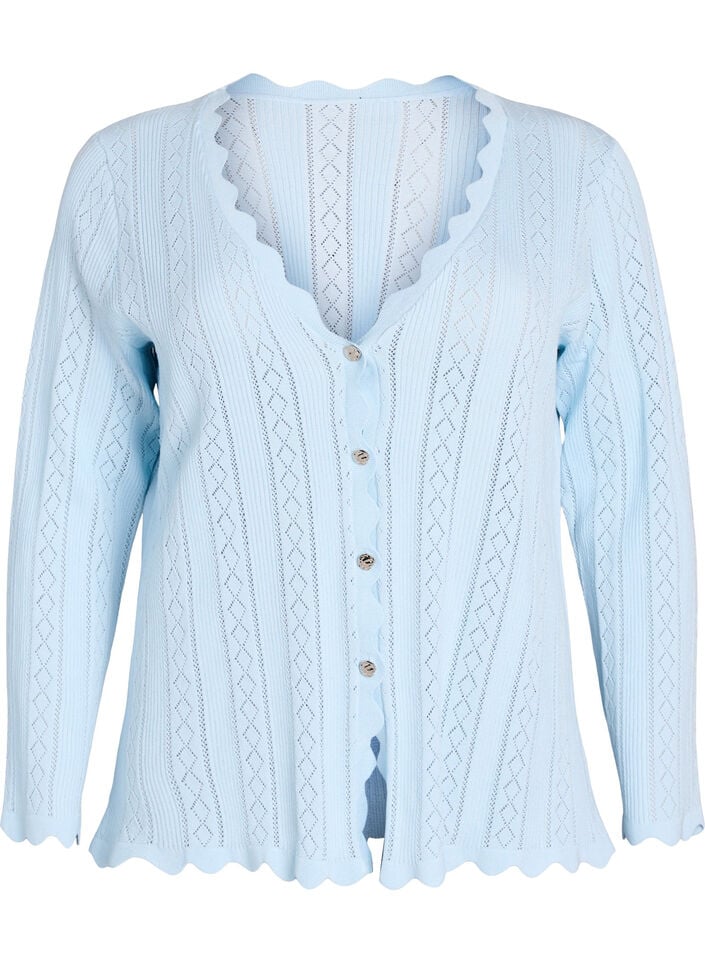 Strickjacke mit Lochstickerei und gewellten Kanten, Blau, Packshot image number 0