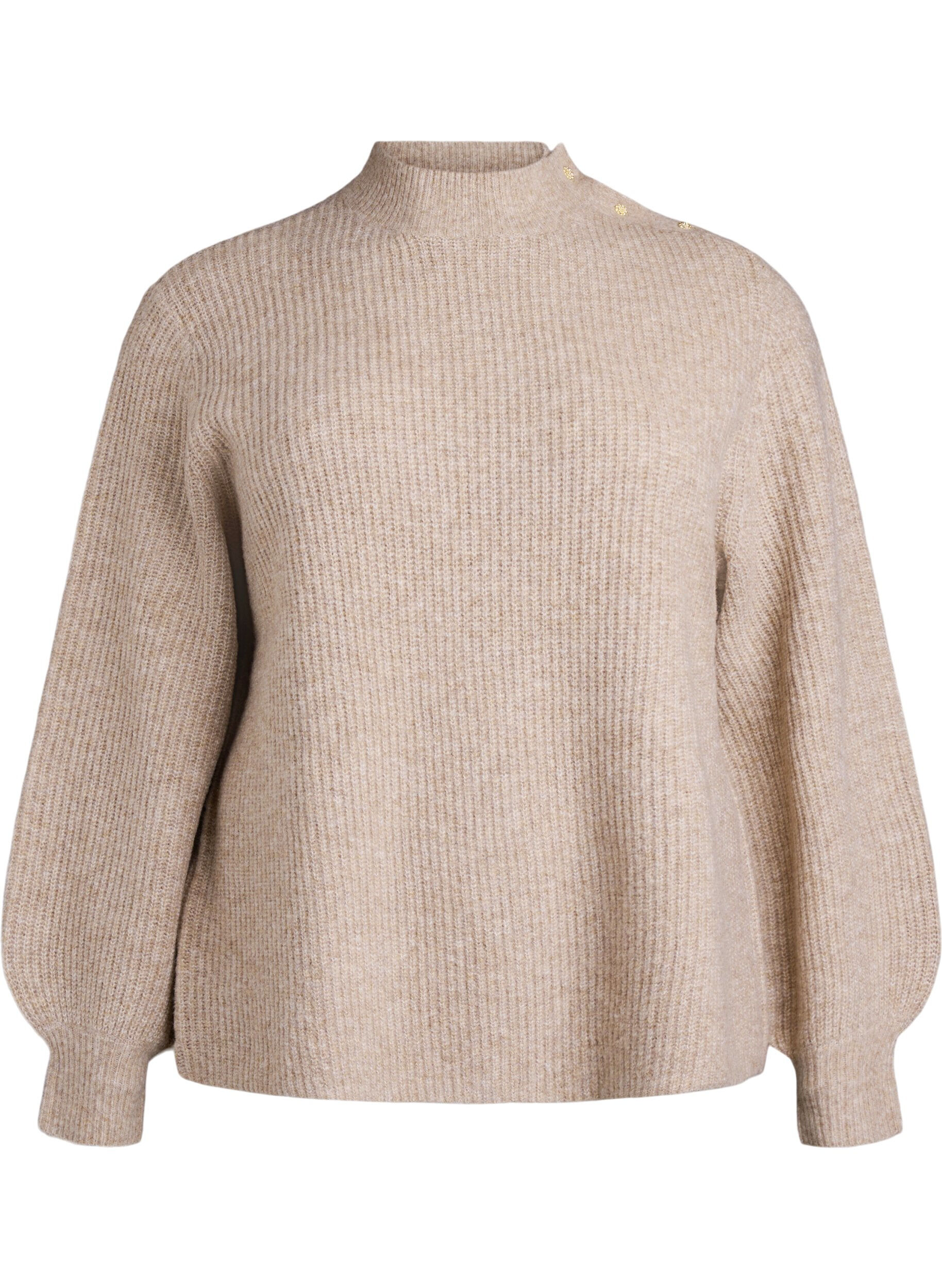 Pullover aus Rippstrick mit Puff&auml;rmeln und Kn&ouml;pfen
