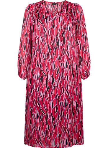 Langärmliges Midi-Kleid mit Druck, Fuchsia Pink AOP, Packshot image number 0