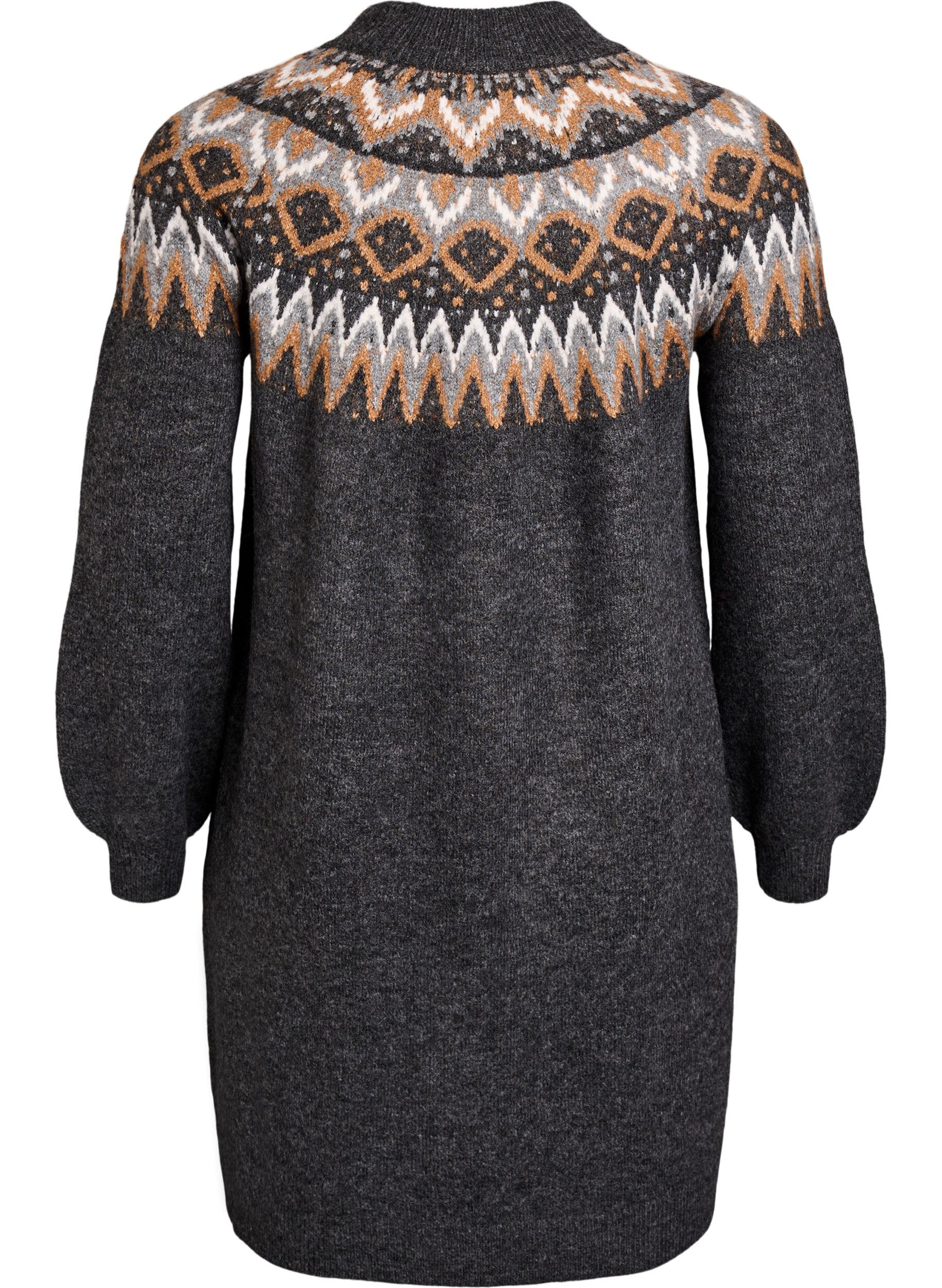 Zizzi Strickkleid mit Jacquardmuster und Ballon&auml;rmeln, Grau, Packshot image number 1