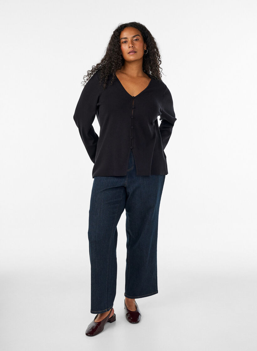 Strickjacke aus Feinstrick mit stoffbezogenen Kn&ouml;pfen, Schwarz, Model image number 1