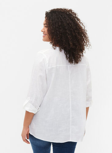 Hemdbluse aus Baumwolle mit V-Ausschnitt, Bright White, Model image number 1