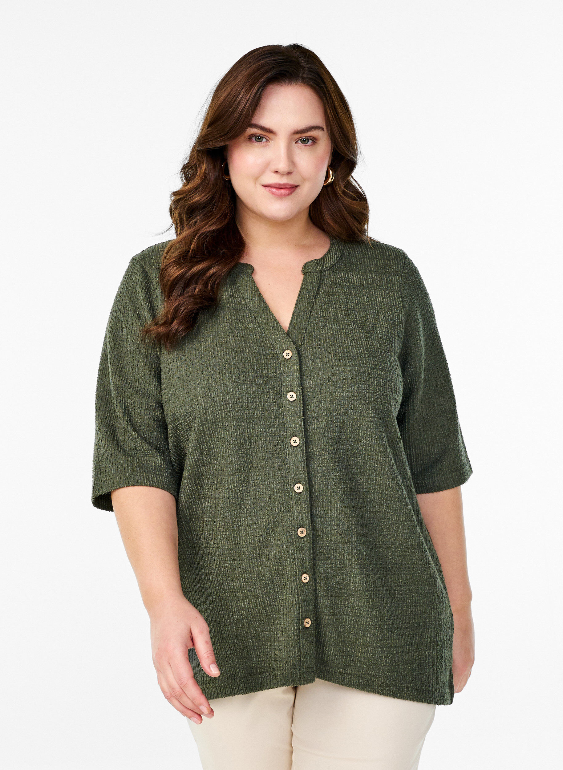 Zizzi Bluse mit Struktur und V-Ausschnitt, Thyme, Model image number 0