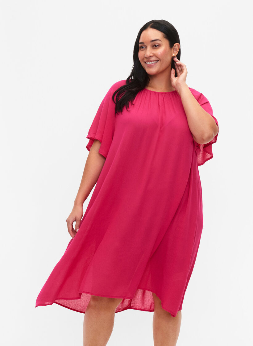 Kleid aus Viskose mit kurzen Ärmeln, Bright Rose, Model image number 0