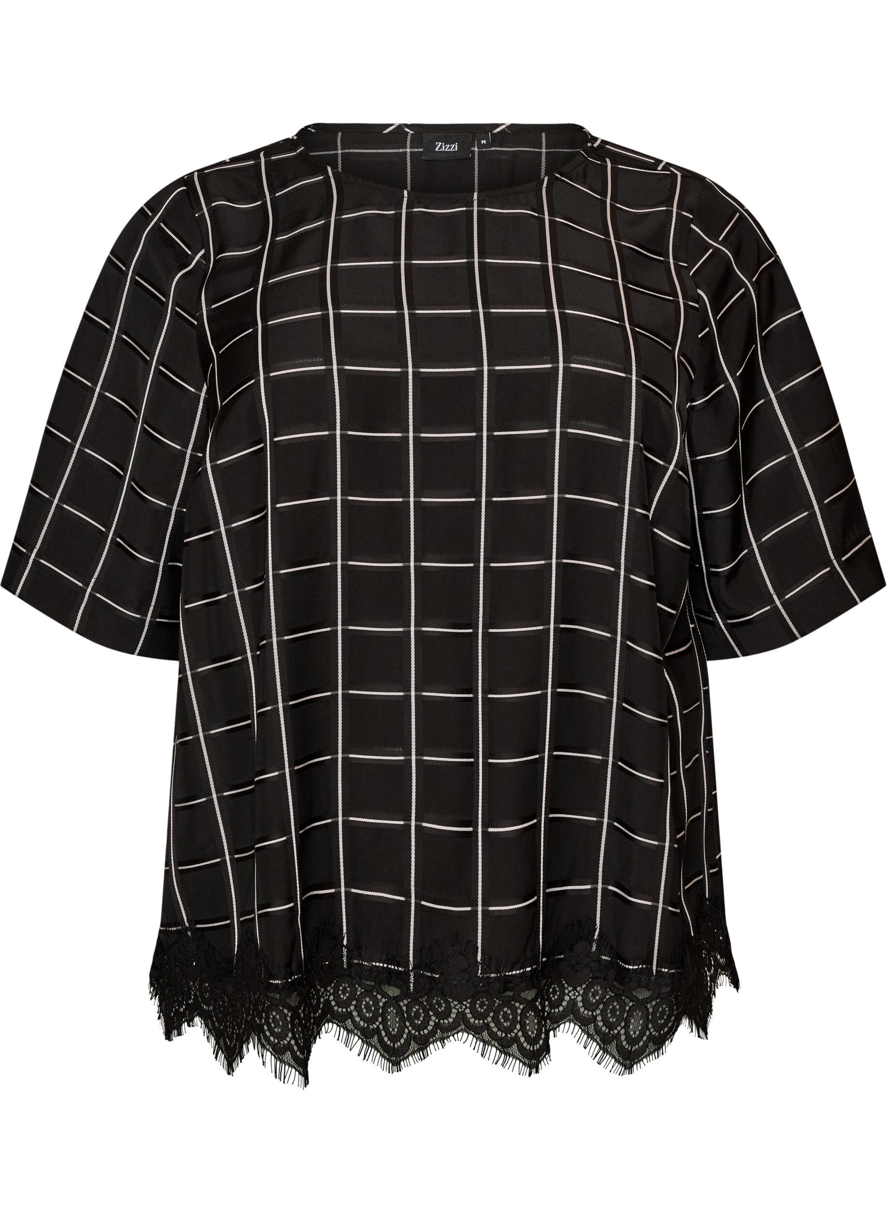 ZizziKarierte Bluse mit Spitzenbesatz und ellenbogenlangen &Auml;rmeln, Schwarz, Packshot image number 0