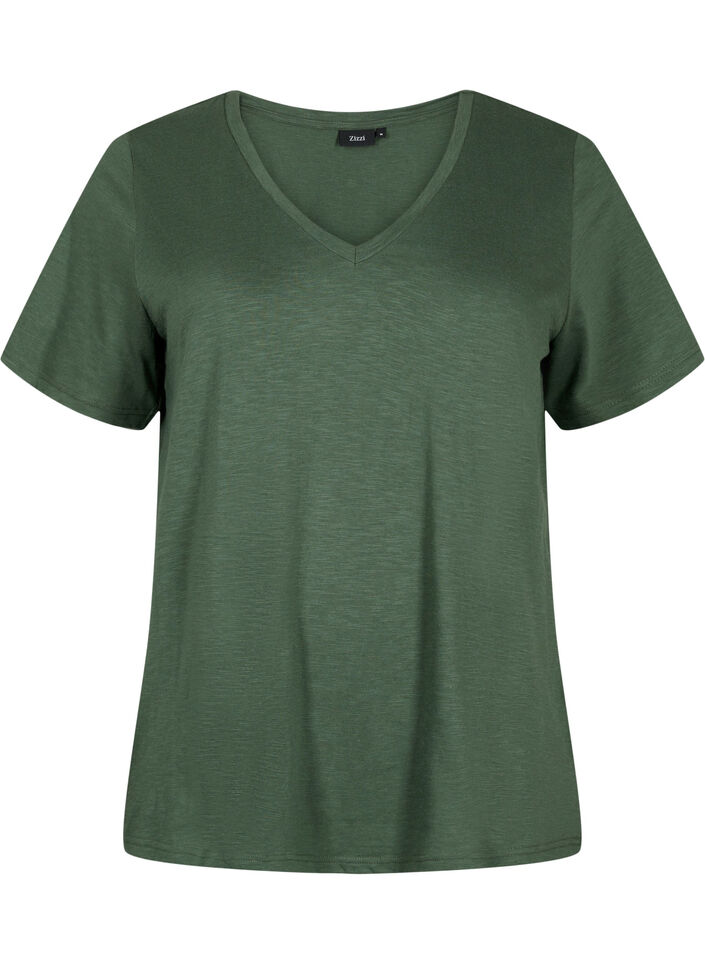 Kurz&auml;rmeliges Basic T-Shirt mit V-Ausschnitt, Gr&uuml;n, Packshot image number 0