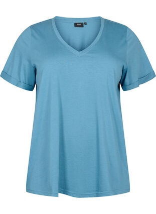 Baumwoll-T-Shirt mit V-Ausschnitt, Aegean Blue, Packshot image number 0