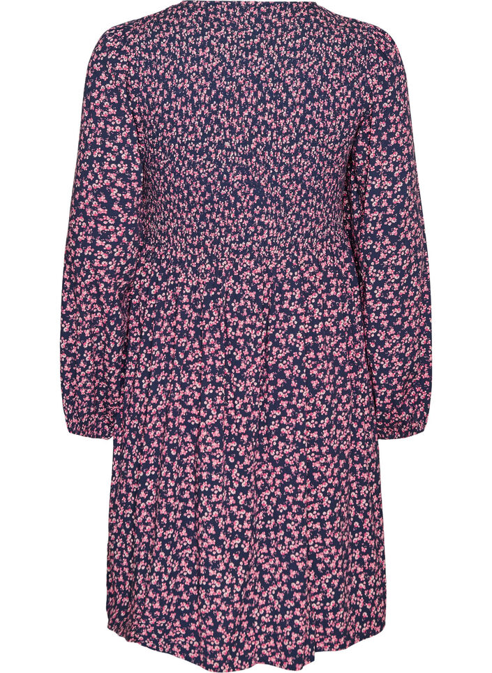 Kleid mit gesmoktem Oberteil und kleingebl&uuml;mtem Muster, Blau, Packshot image number 1