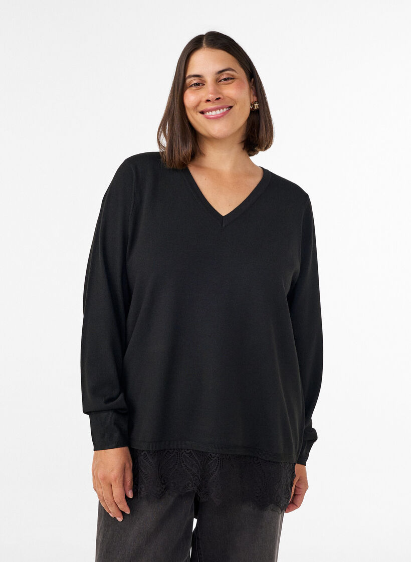 Bluse aus Strick mit V-Ausschnitt und Spitzen, Schwarz, Model image number 0