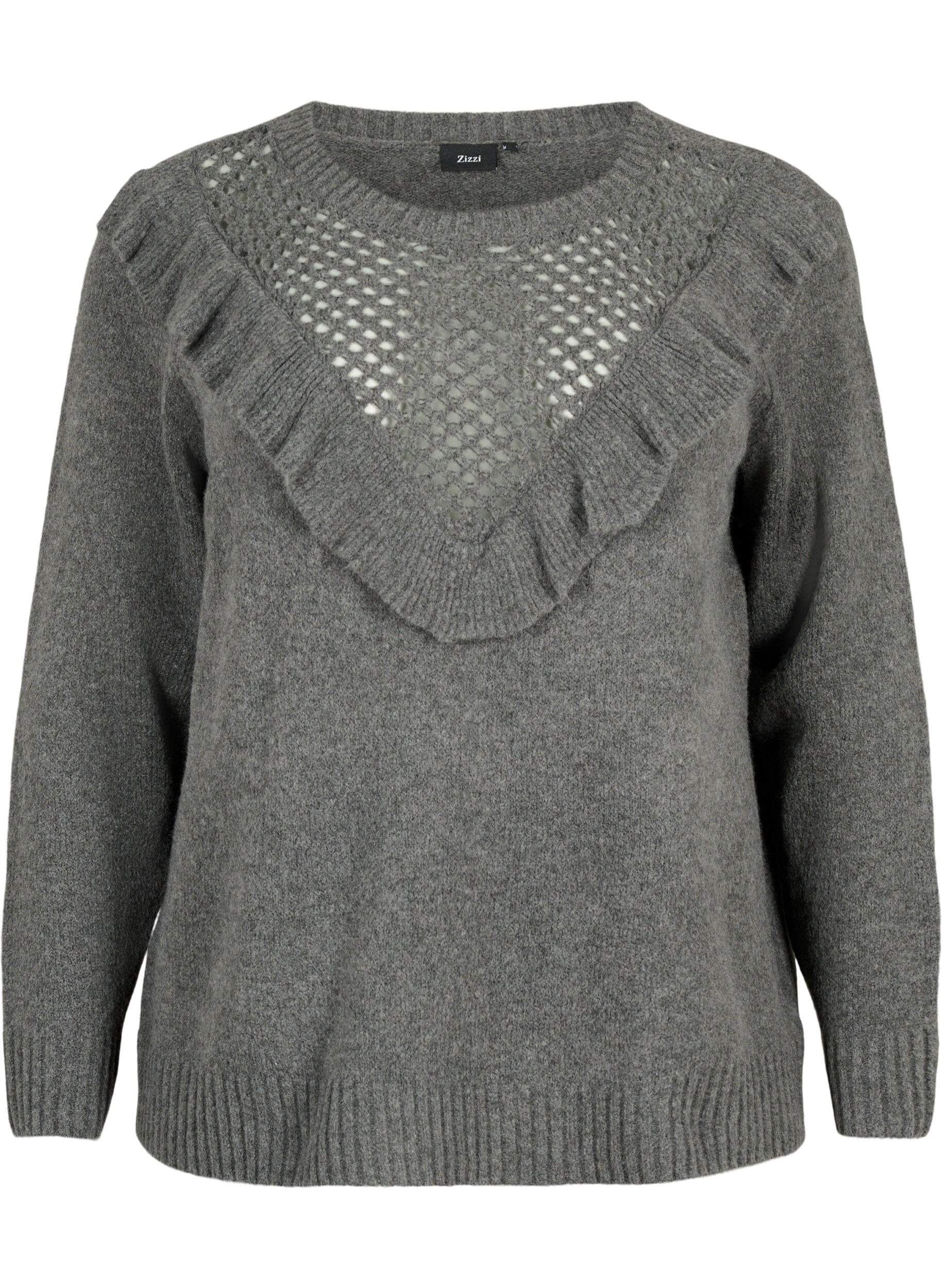 Zizzi Gestrickter Wollpullover mit R&uuml;schendetail, Dark Grey Melange, Packshot image number 0