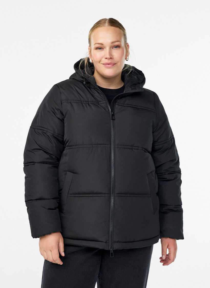 Kurze Steppjacke mit Kapuze und Zwei-Wege-Reißverschluss, Schwarz, Model image number 0