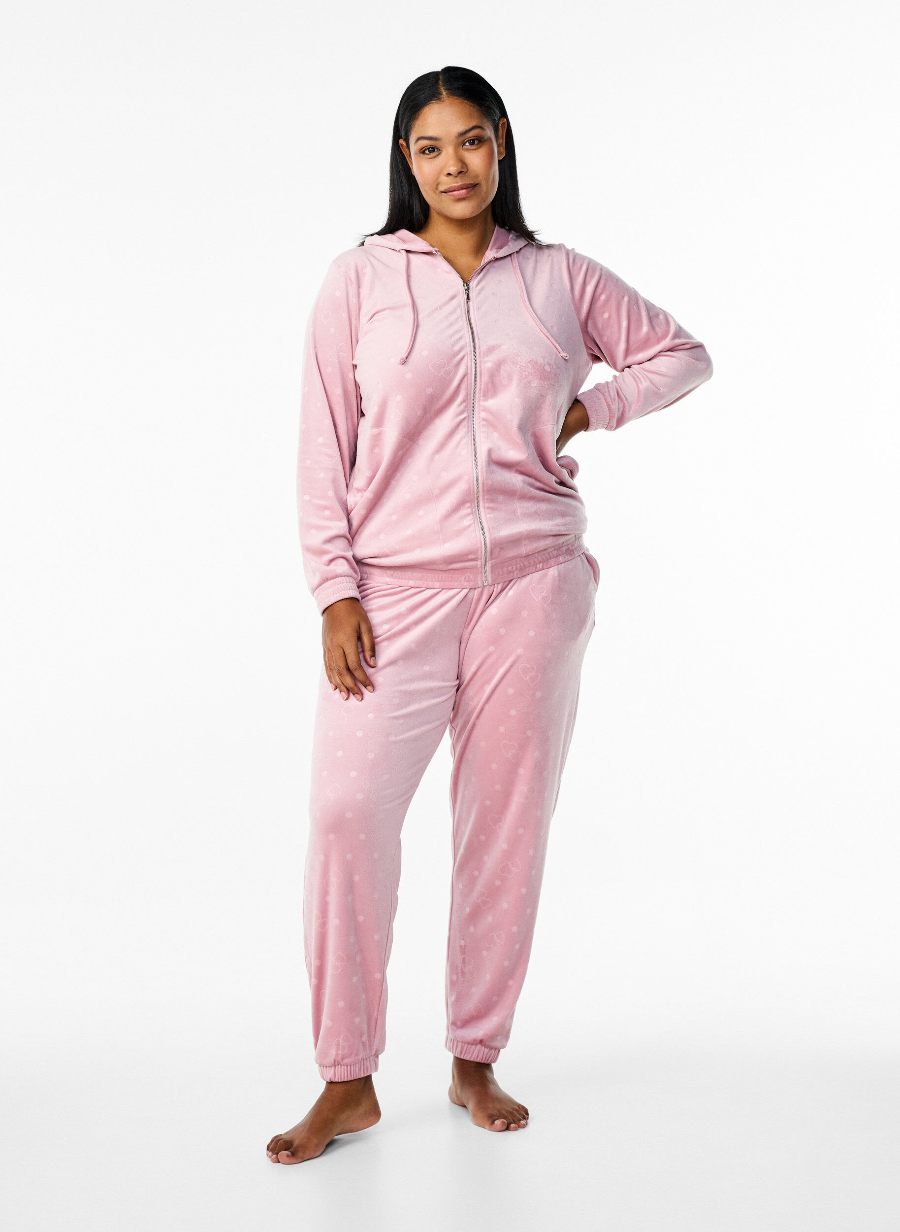 Zizzi Strickjacke aus Velours mit Kapuze und Taschen, Pink, Model image number 1