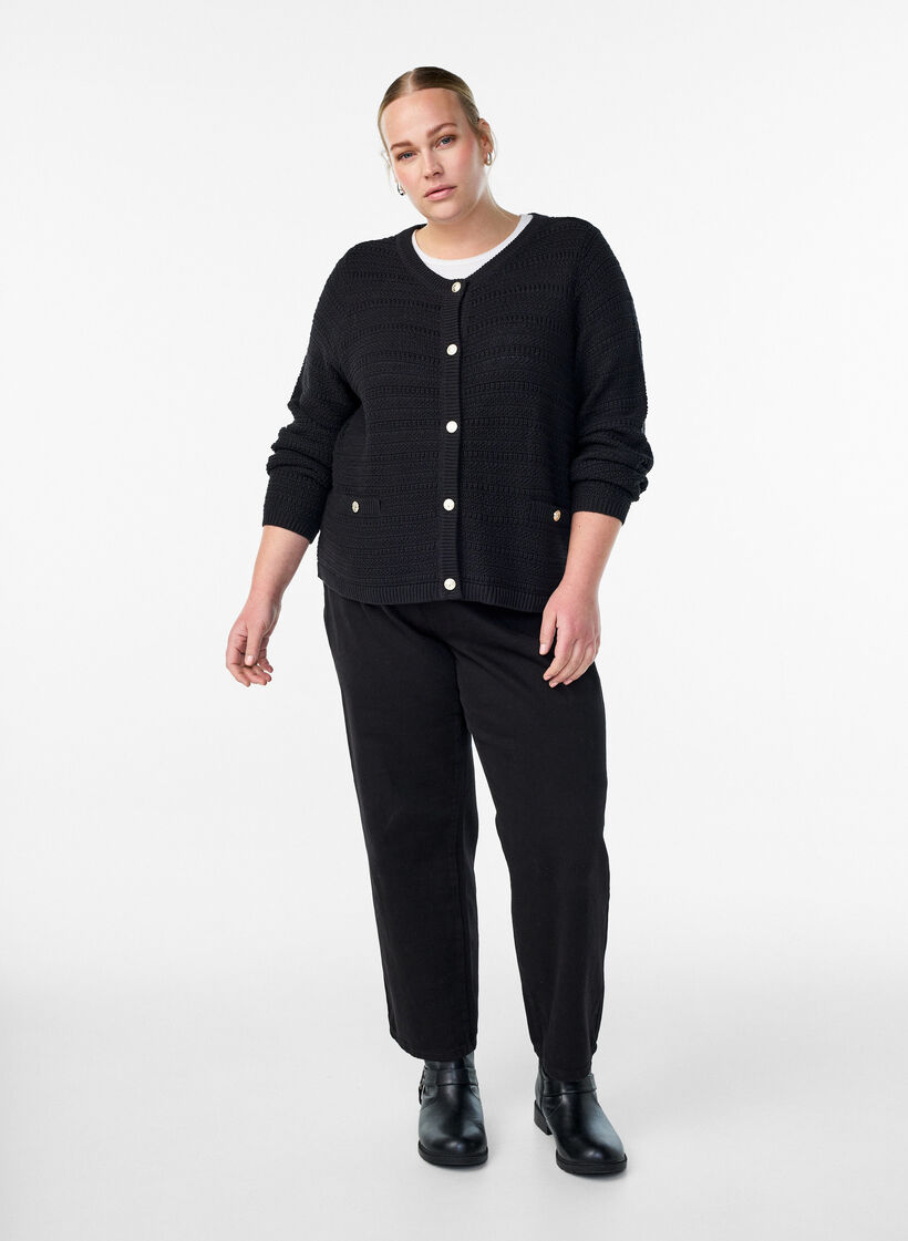 Strickjacke mit Strukturstrick und dekorativen Knöpfen, Schwarz, Model image number 1