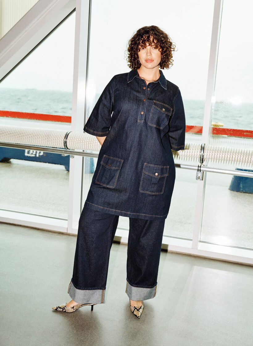 Jeanskleid mit großen Taschen und 3/4-Ärmeln, Blau, Image image number 0