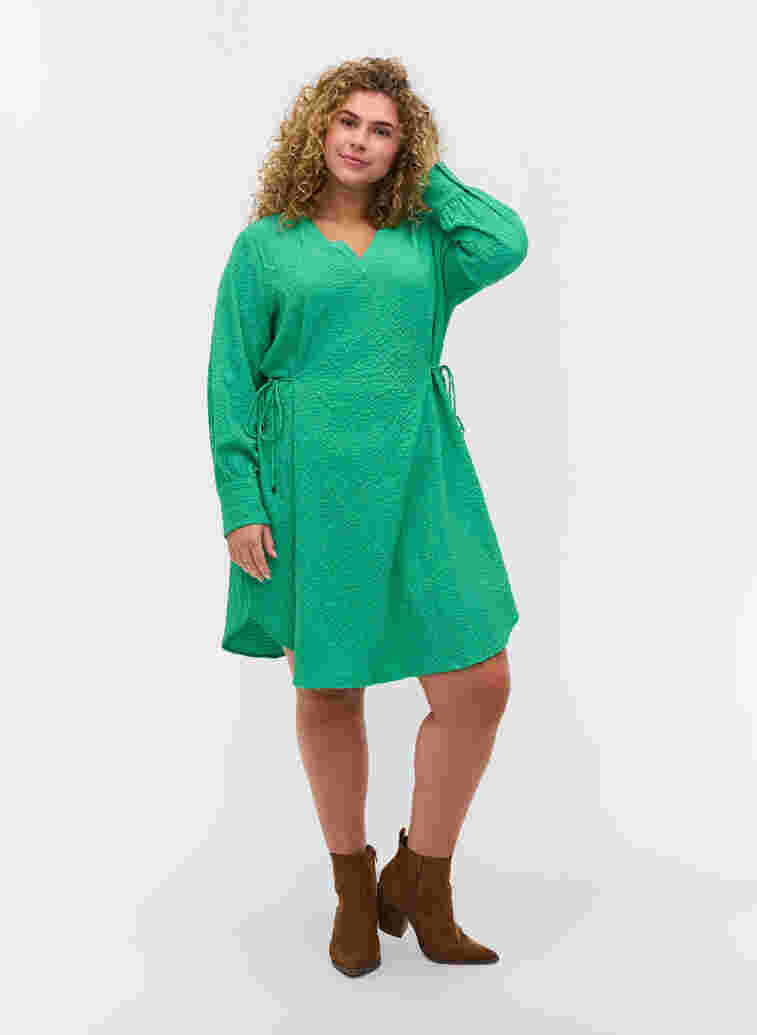 Langarm Kleid mit V-Ausschnitt und Bindeschnüre, Mint, Model image number 2