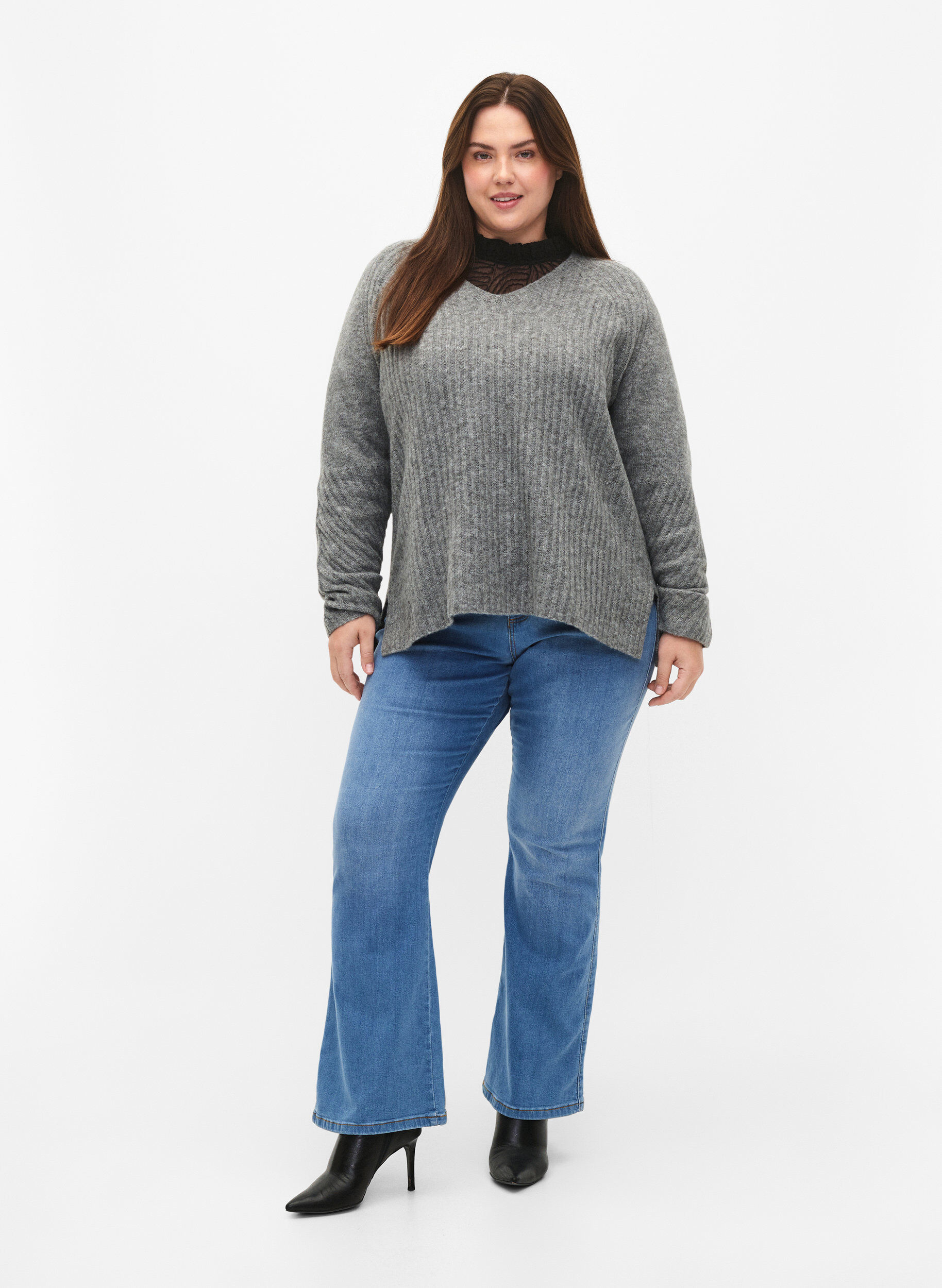 Zizzi Strickpullover mit Schlitz, Light Grey Melange, Model image number 2