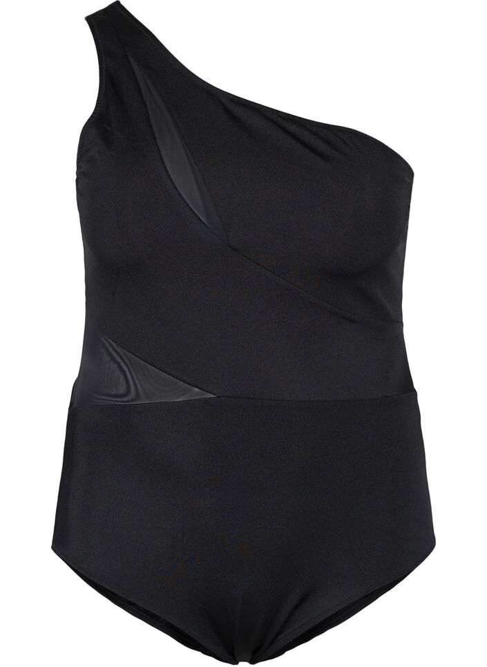 One-Shoulder-Badeanzug mit Mesh, Black, Packshot image number 0