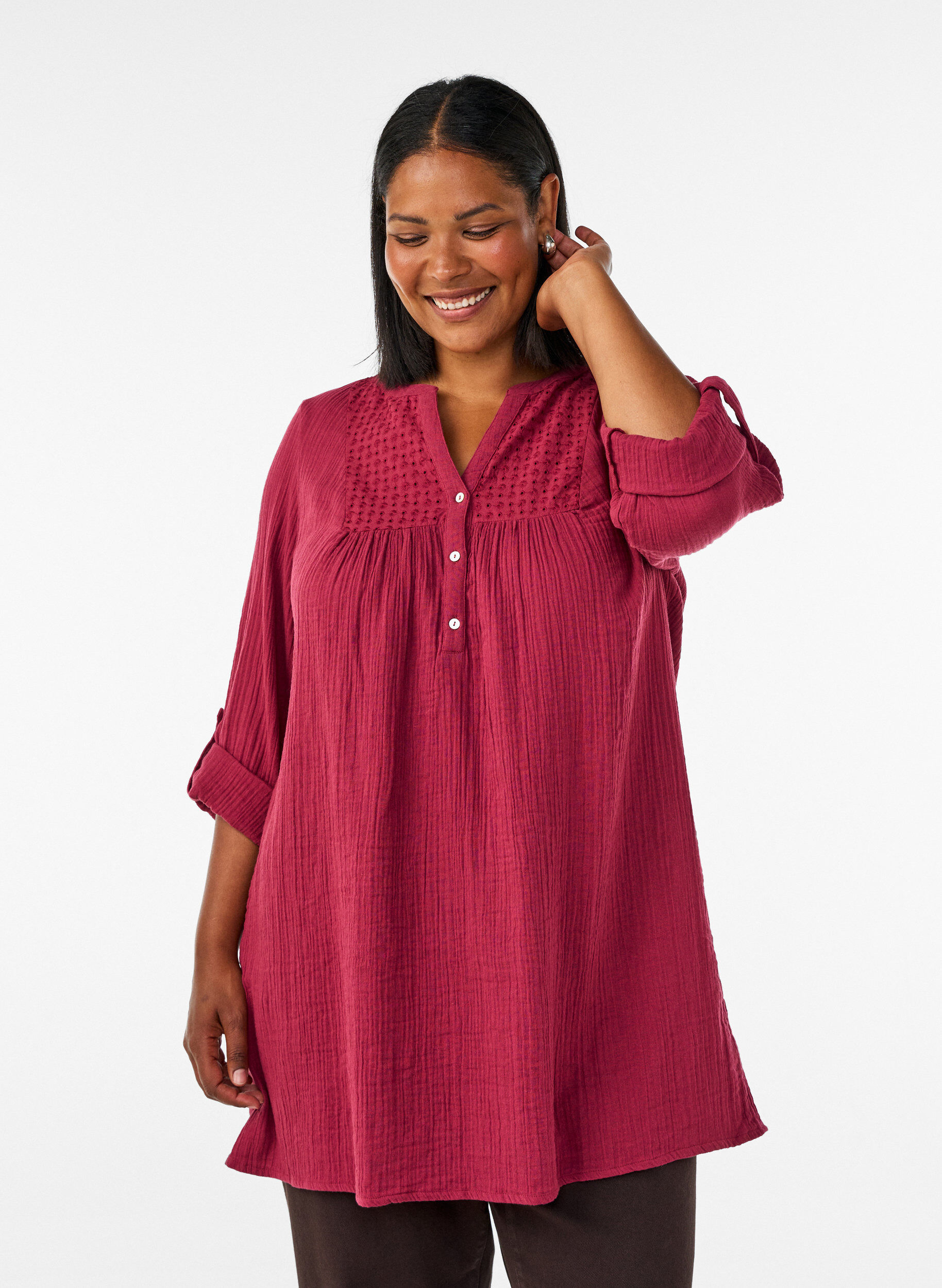 ZizziTunika aus Baumwollmusselin mit Broderie Anglaise, Rot, Model image number 0