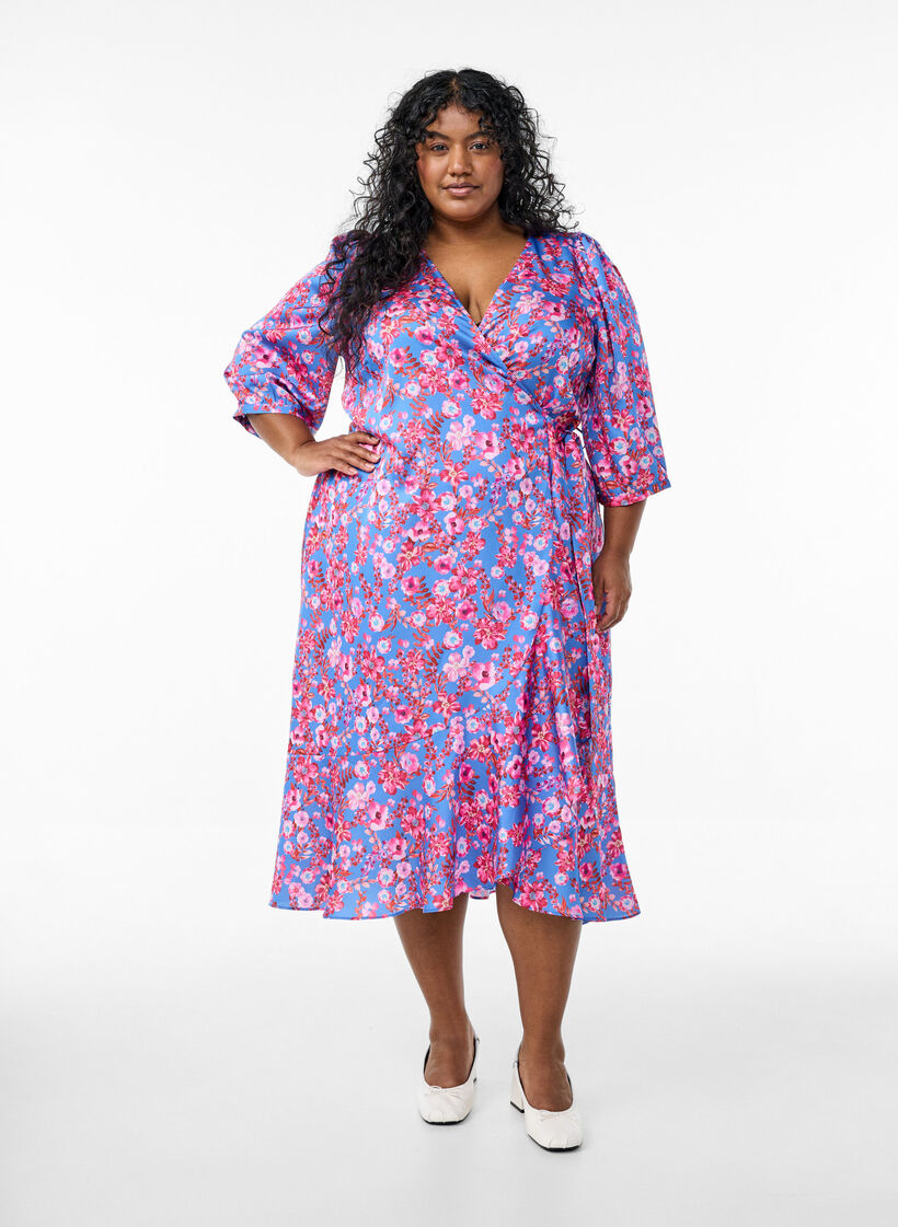 Gebl&uuml;mtes Wickelkleid mit 3/4-&Auml;rmeln, Blau, Model image number 0