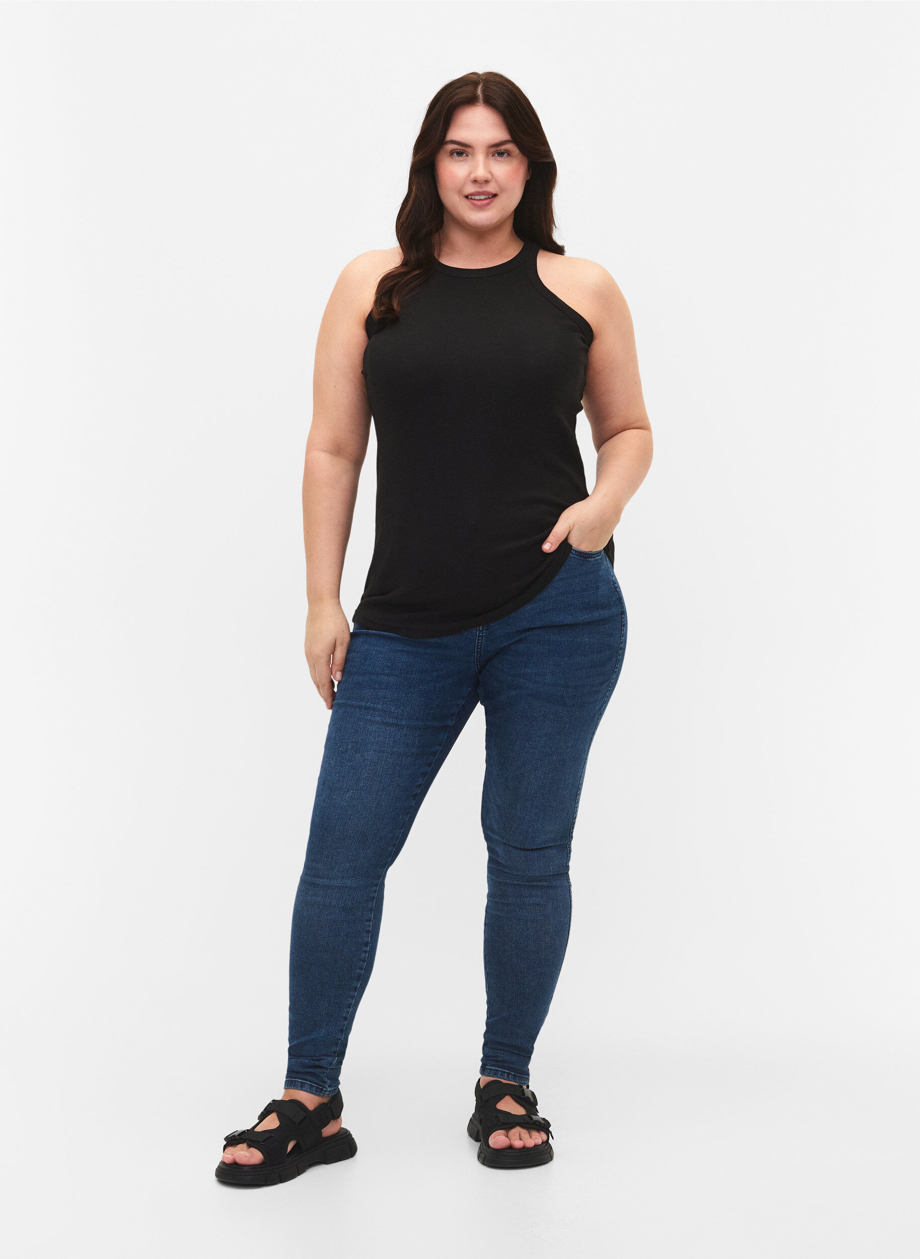 Zizzi Geripptes Tanktop aus Baumwolle, Black, Model image number 2