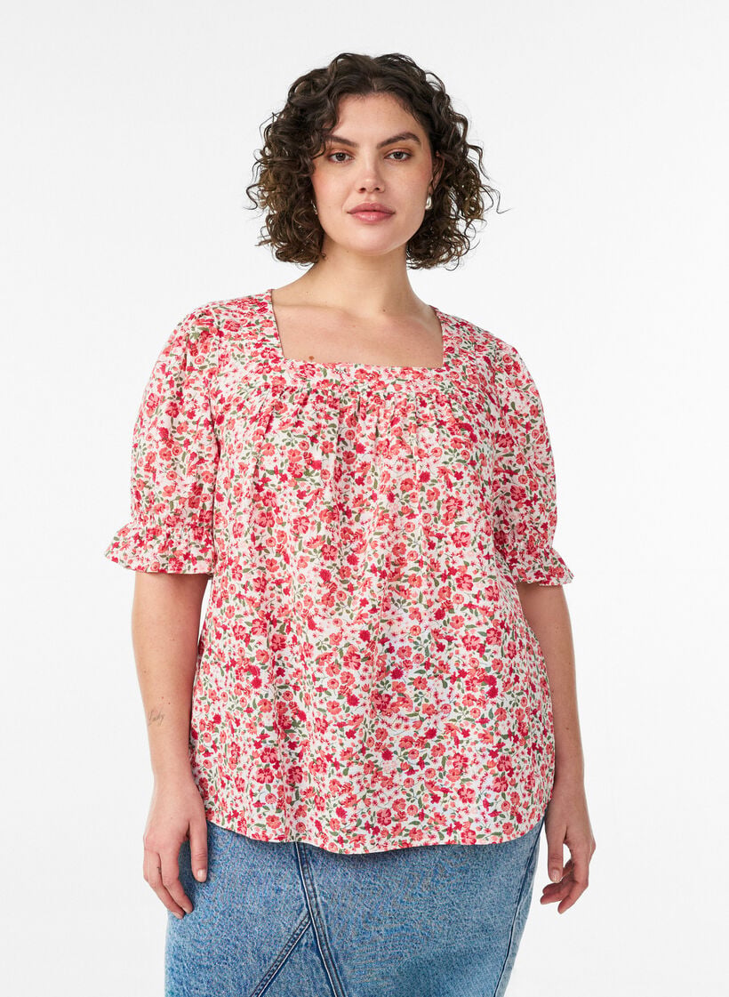 Baumwollbluse mit eckigem Ausschnitt, Rot, Model image number 0