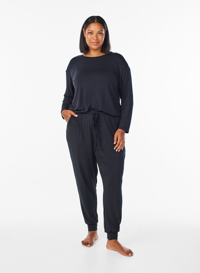 Schlafhose aus Modal mit hoher Taille, Schwarz, Model image number 0