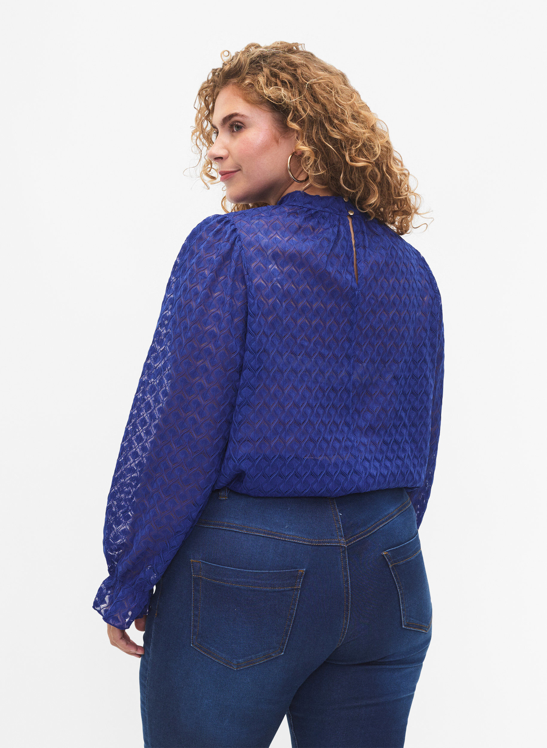 Zizzi Lang&auml;rmelige Bluse mit gemusterter Textur, Deep Ultramarine, Model image number 1