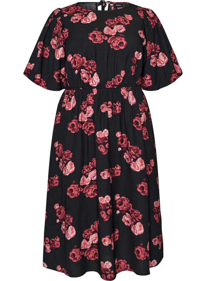 Midikleid mit Rosenprint und kurzen Ballon&auml;rmeln, Schwarz, Packshot image number 0