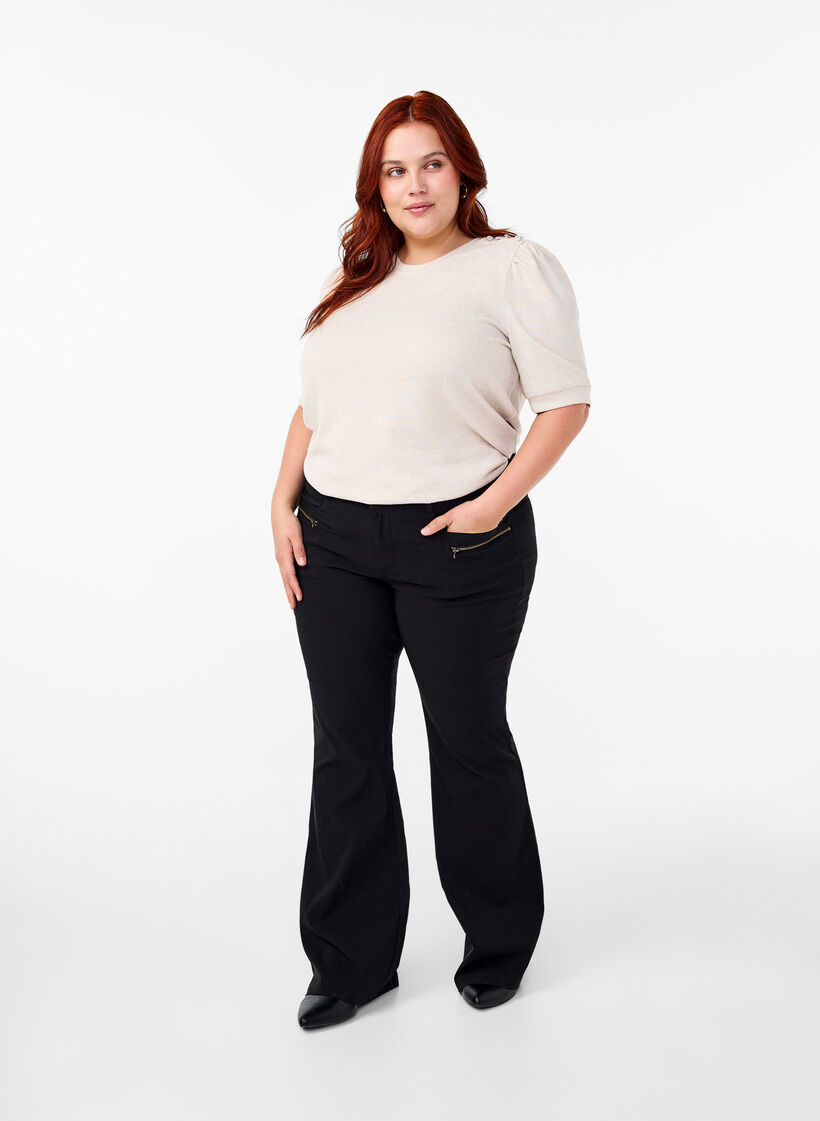 Bluse mit Knopfdetail und kurzen Puffärmeln, Beige, Model image number 1