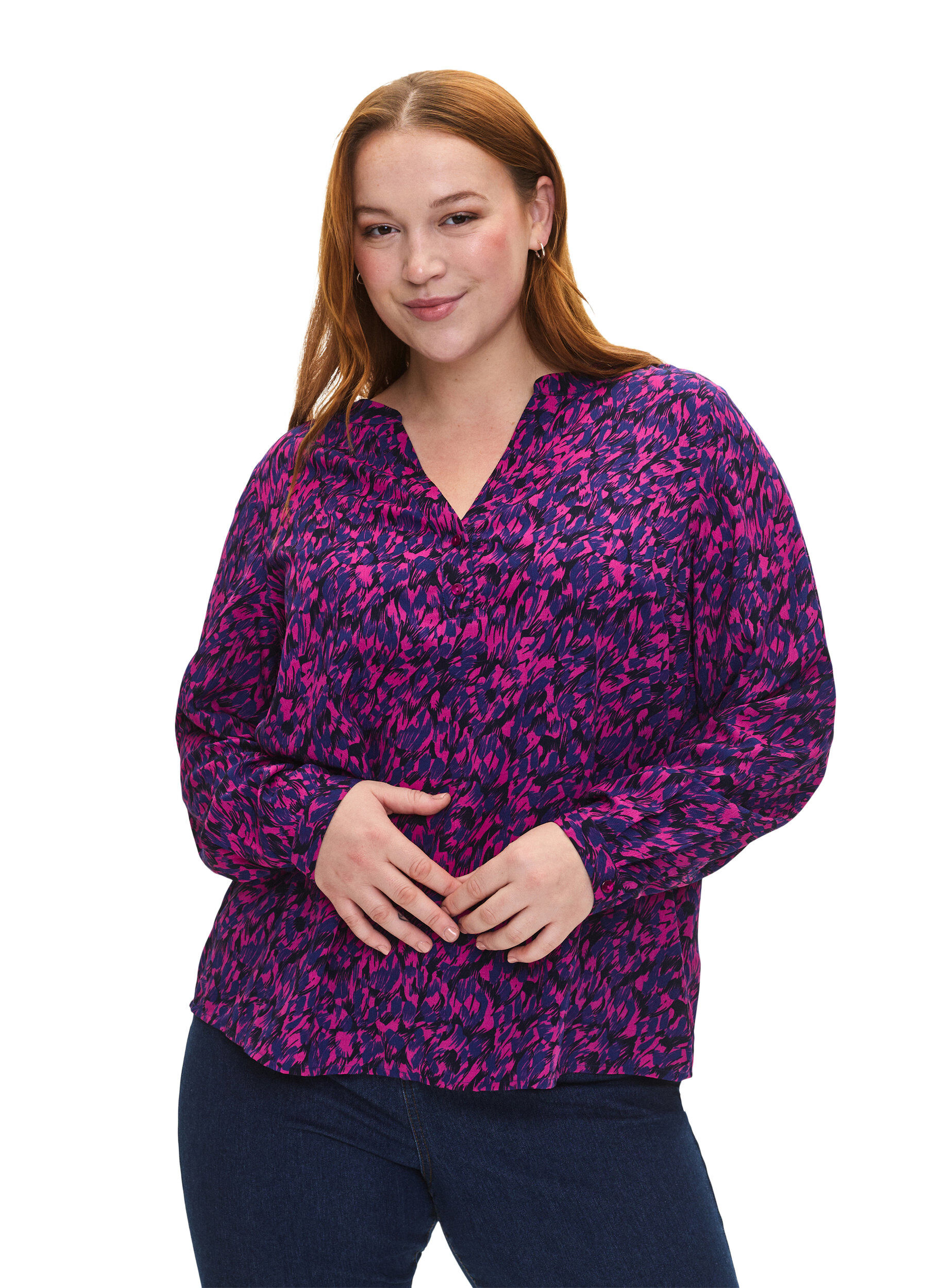 Zizzi FLASH &ndash; Lang&auml;rmlige Bluse mit Druck, Pink Blue AOP, Model image number 0