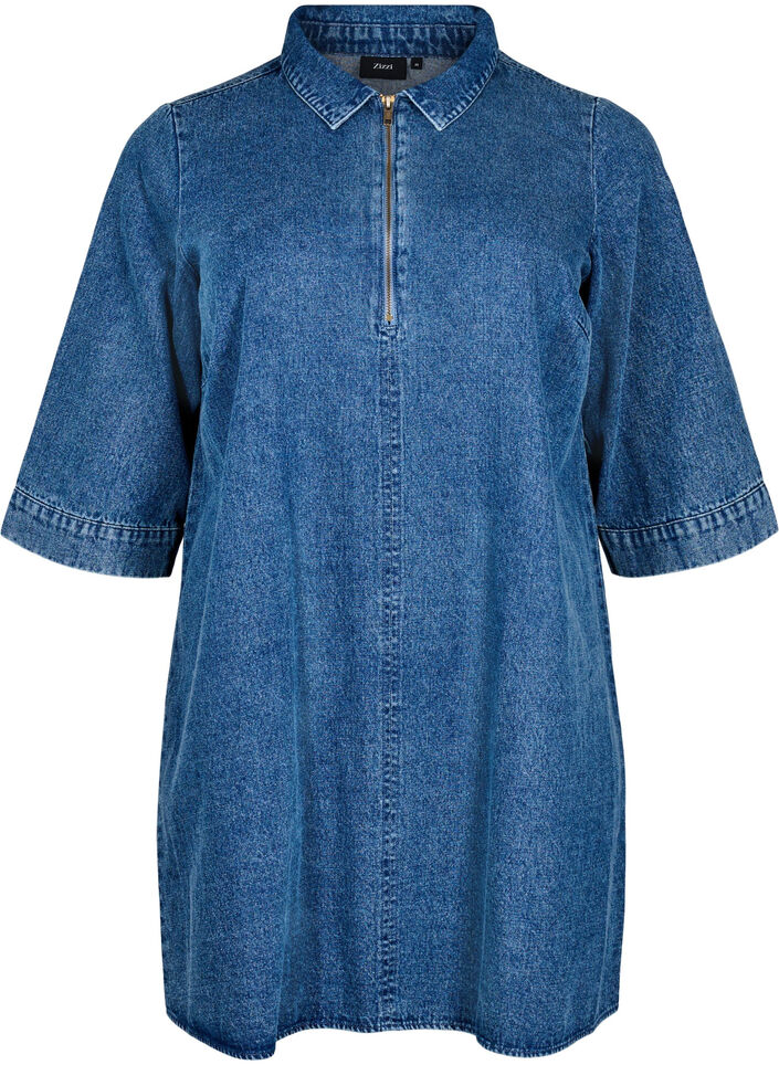 Kurzes Denim-Kleid mit Rei&szlig;verschluss und 3/4-&Auml;rmeln, Blau, Packshot image number 0