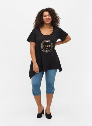 Kurzarm T-Shirt aus Baumwolle mit A-Linie, Black FIERCE, Model image number 2