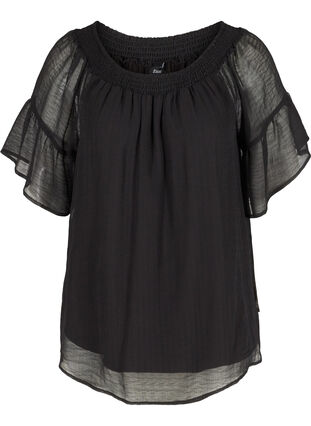 Kurzarm Bluse mit Smock und leichter Struktur, Black, Packshot image number 0