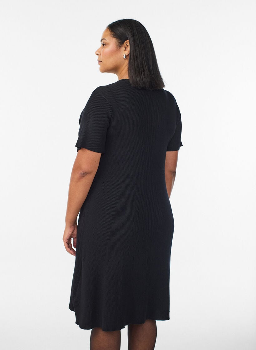 Geripptes Kleid mit Zierkn&ouml;pfen und kurzen &Auml;rmeln, Schwarz, Model image number 2