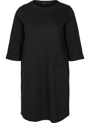 Sweatkleid aus Baumwolle mit 3/4-Ärmeln und Taschen, Black, Packshot image number 0