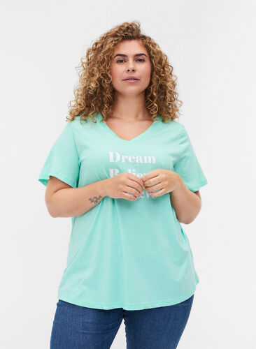 T-Shirt aus Baumwolle mit V-Ausschnitt und Aufdruck, Cabbage, Model image number 0