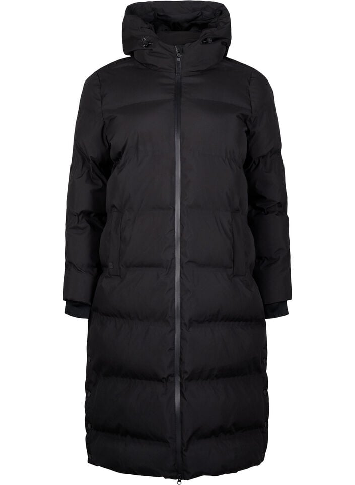 Langer Winter-Steppmantel mit Kapuze, Schwarz, Packshot image number 0