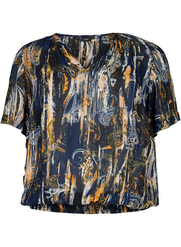 Kurzärmlige Bluse aus Viskose mit Smok, Navy Blazer AOP, Packshot image number 0
