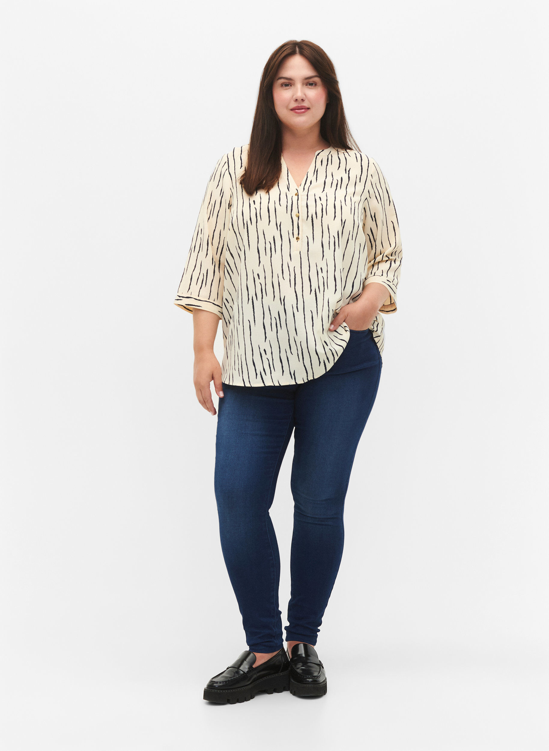 Zizzi Bluse mit 3/4 &Auml;rmeln und Druck, Off White Stripe, Model image number 2