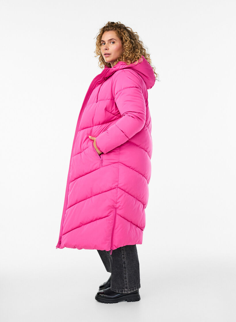 Langer Puffermantel mit Kapuze und Taschen, Rot, Model image number 2