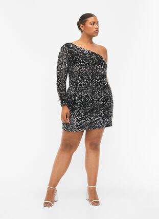 Kurzes One-Shoulder-Kleid mit Pailletten, Black/Silver Sequins, Model image number 3
