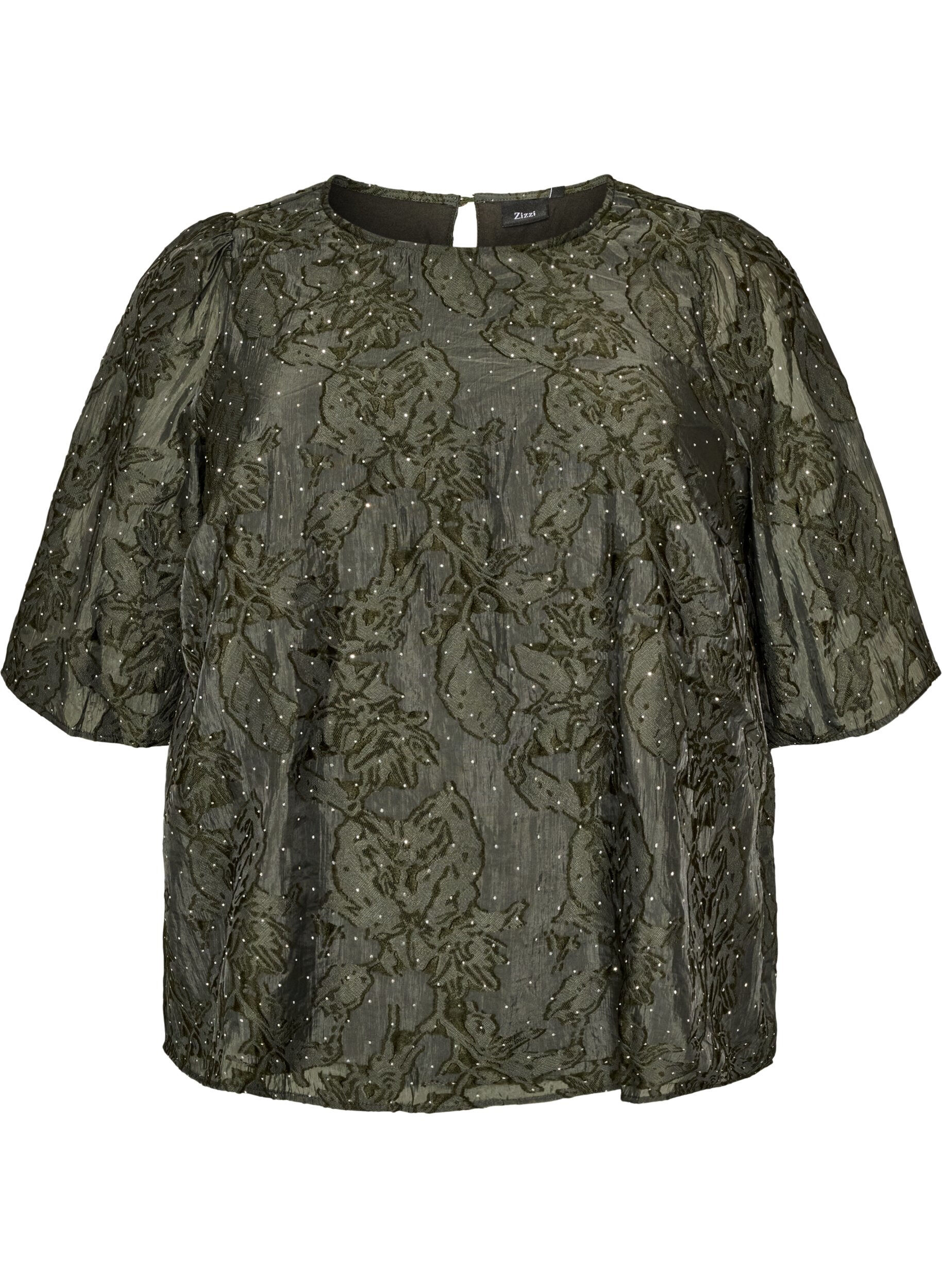 Jacquardbluse mit funkelnden Details und Puff&auml;rmeln
