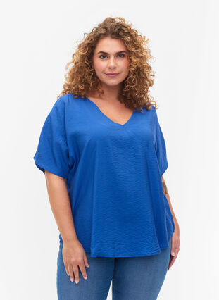 Viskose Bluse mit kurzen Ärmeln und V-Ausschnitt, Dazzling Blue, Model image number 0