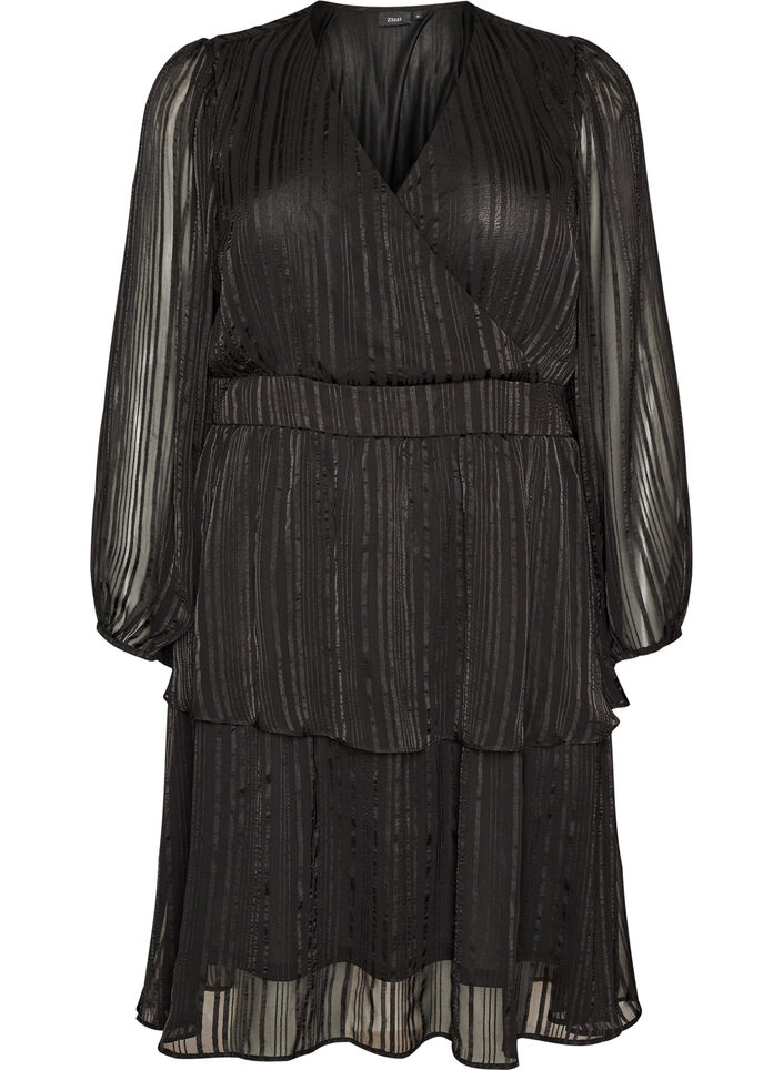 Knielanges Kleid mit transparenten Streifen und Wickeleffekt, Schwarz, Packshot image number 0