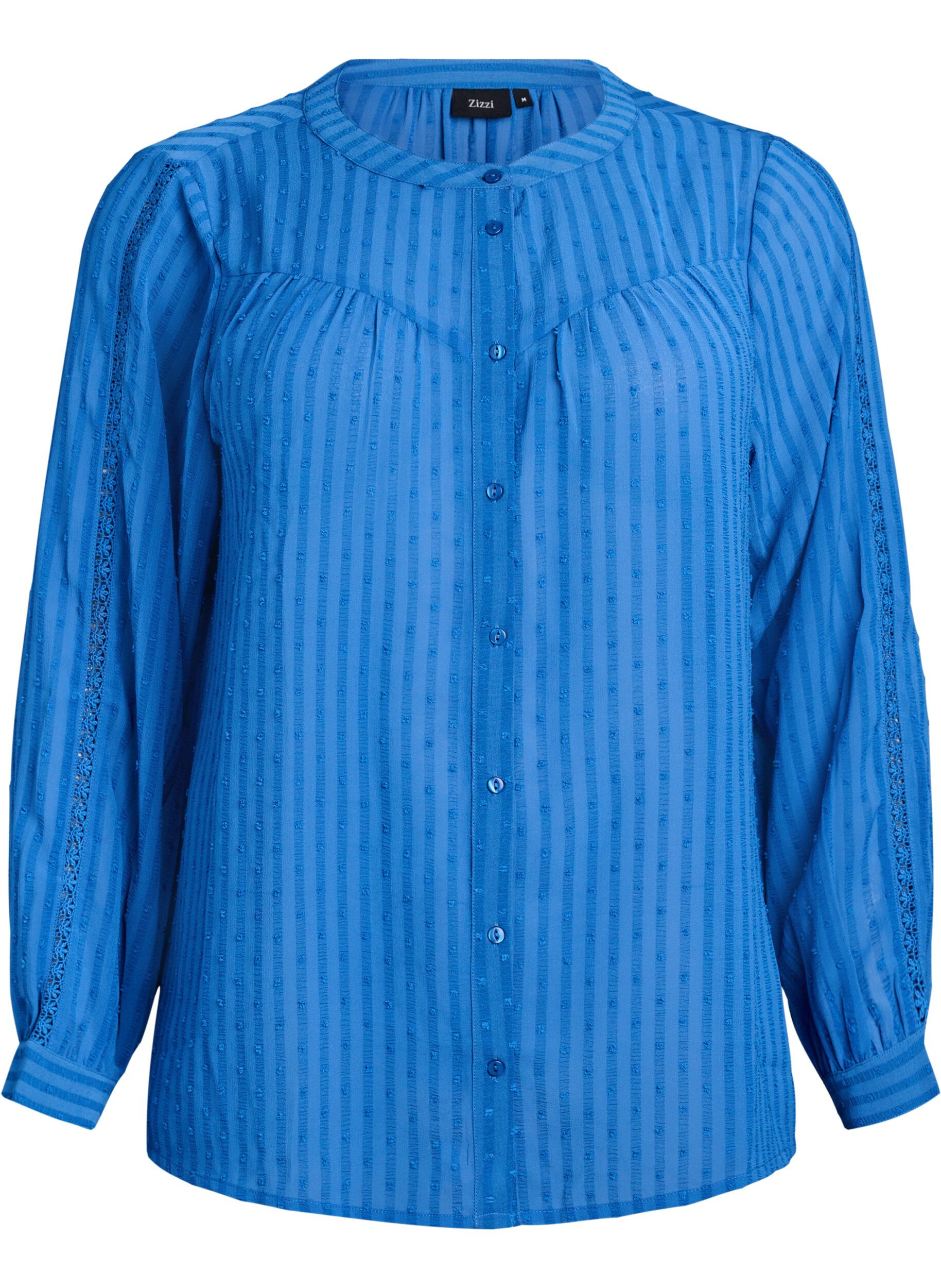 Zizzi Bluse mit strukturiertem Punktemuster und Stickereidetails, Blau, Packshot image number 0