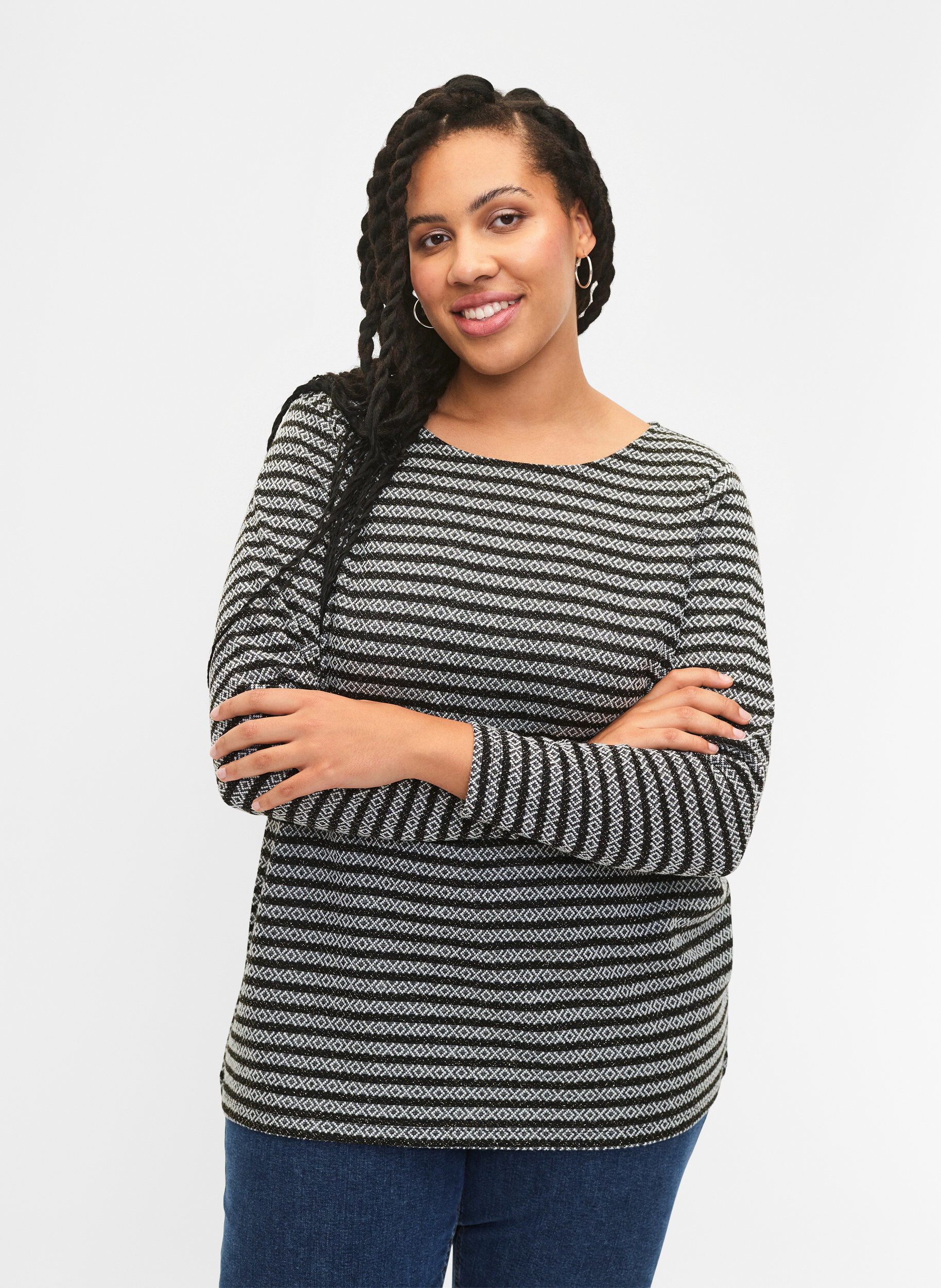 Zizzi  Rundhalsbluse mit Streifenmuster, Black Stripe, Model image number 0