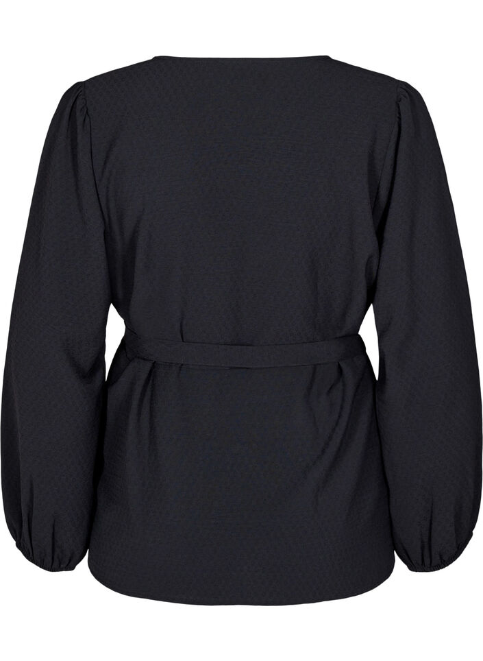 Wickelbluse mit Bindeband und langen Ärmeln, Schwarz, Packshot image number 1